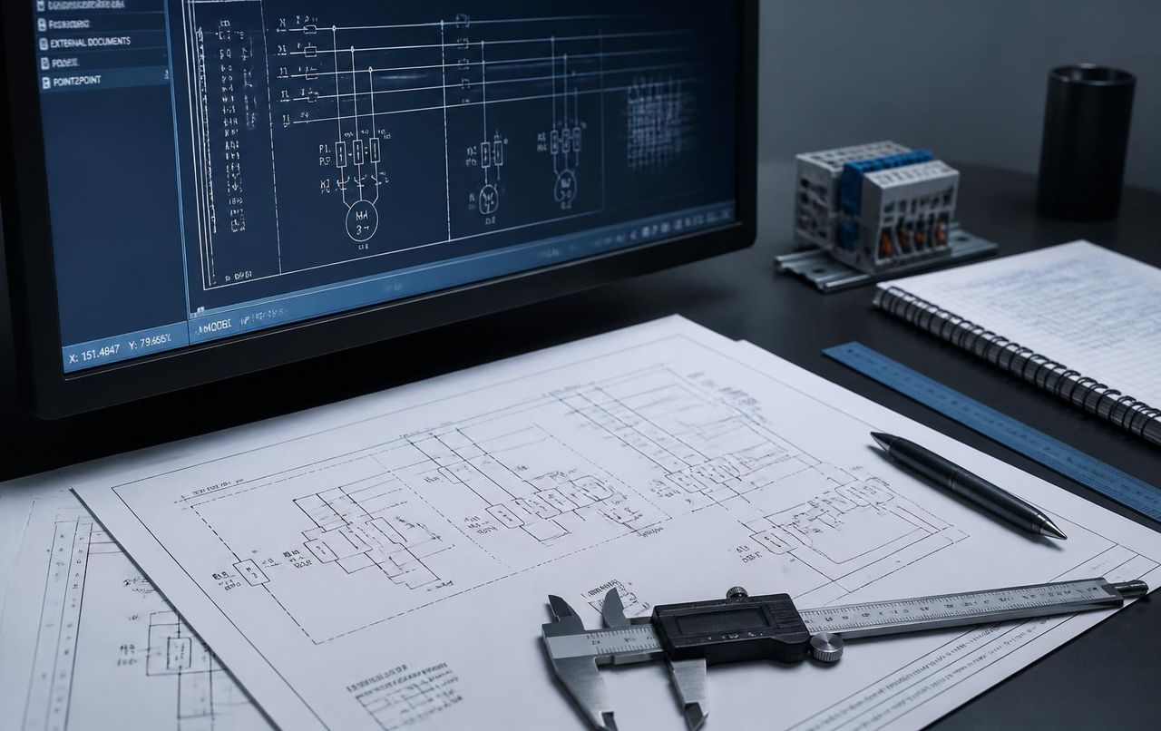 Electrical circuit diagram on screen next to printed drawings