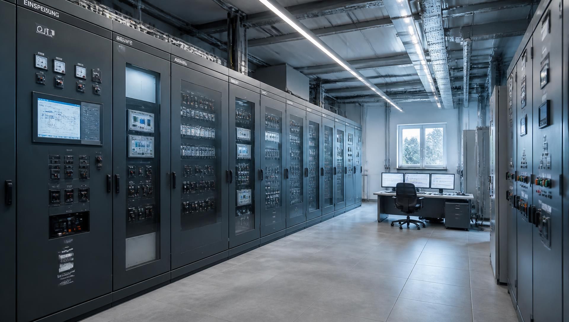 Row of technical control cabinets in a switchgear room